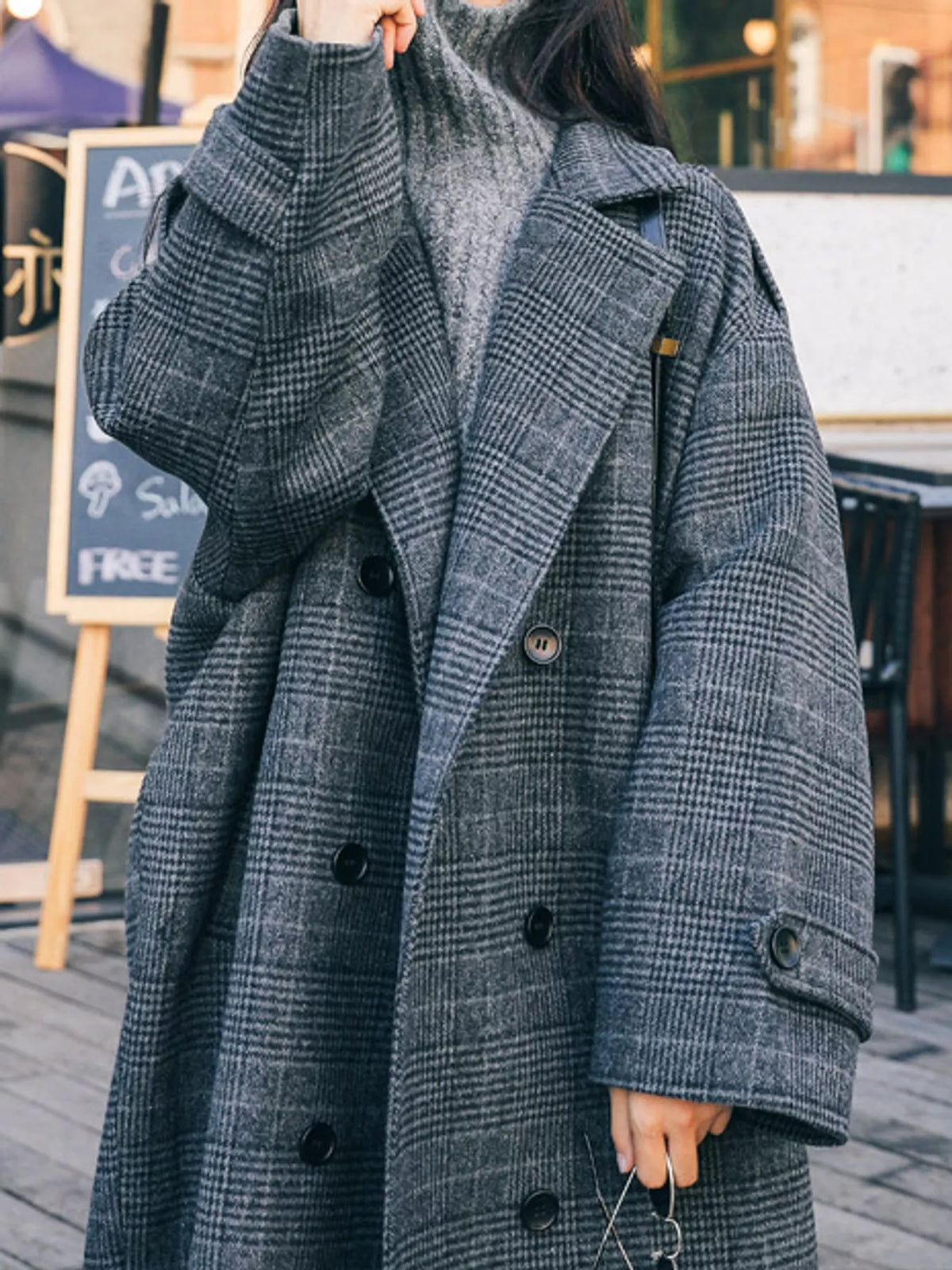 Gray plaid double-breasted longline overcoat, plaid front, lapels, and buttons