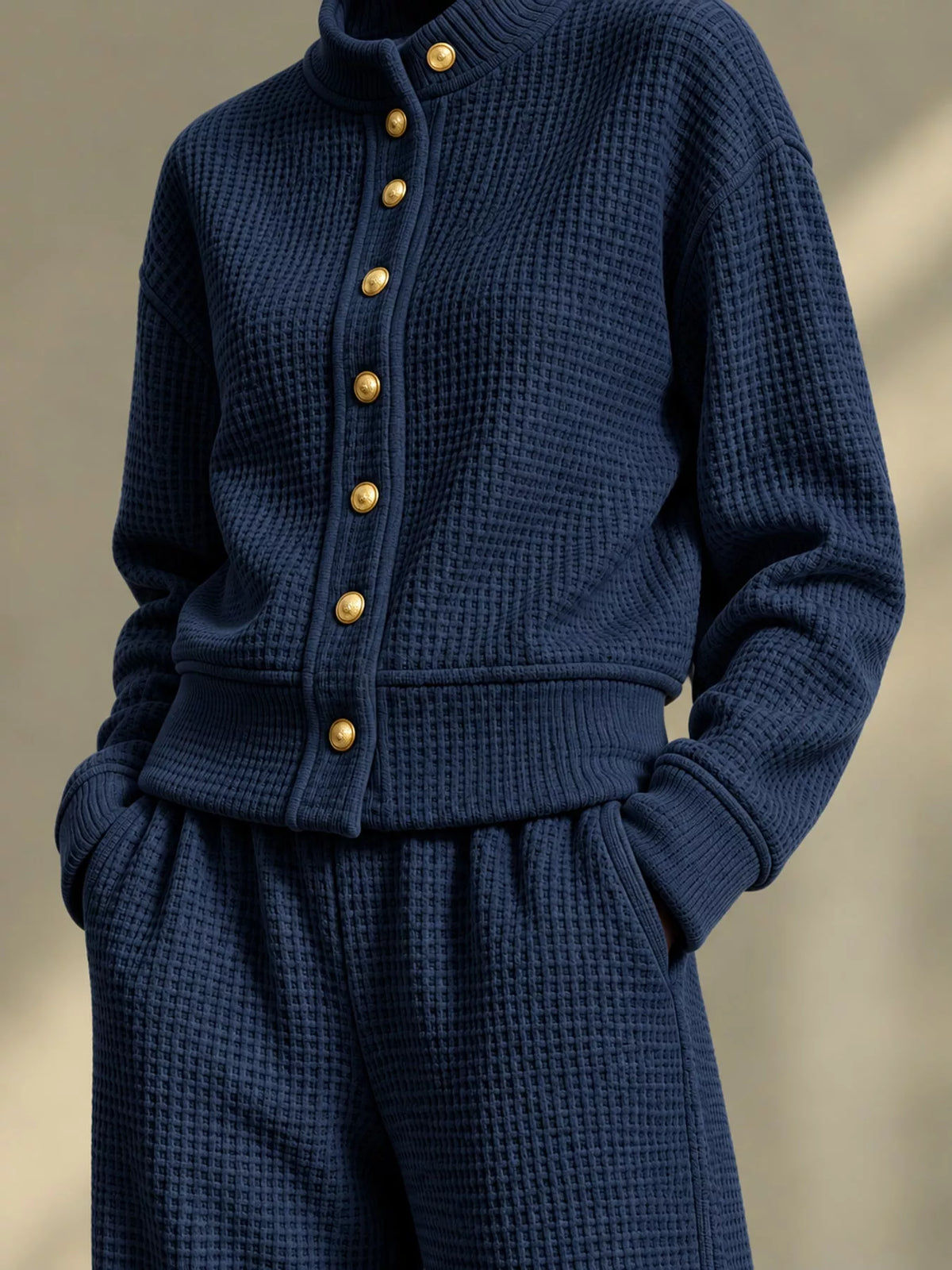 Navy Blue waffle knit button-up outerwear and wide-leg pants set