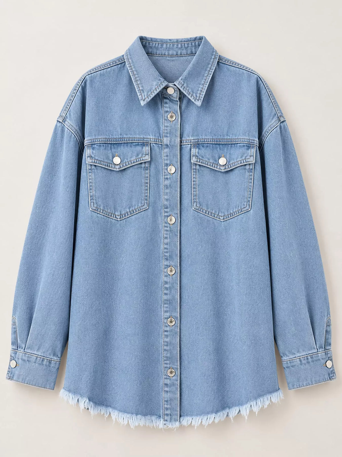 Women's Raw Hem Button Up Denim Jacket in light blue — flat lay view
