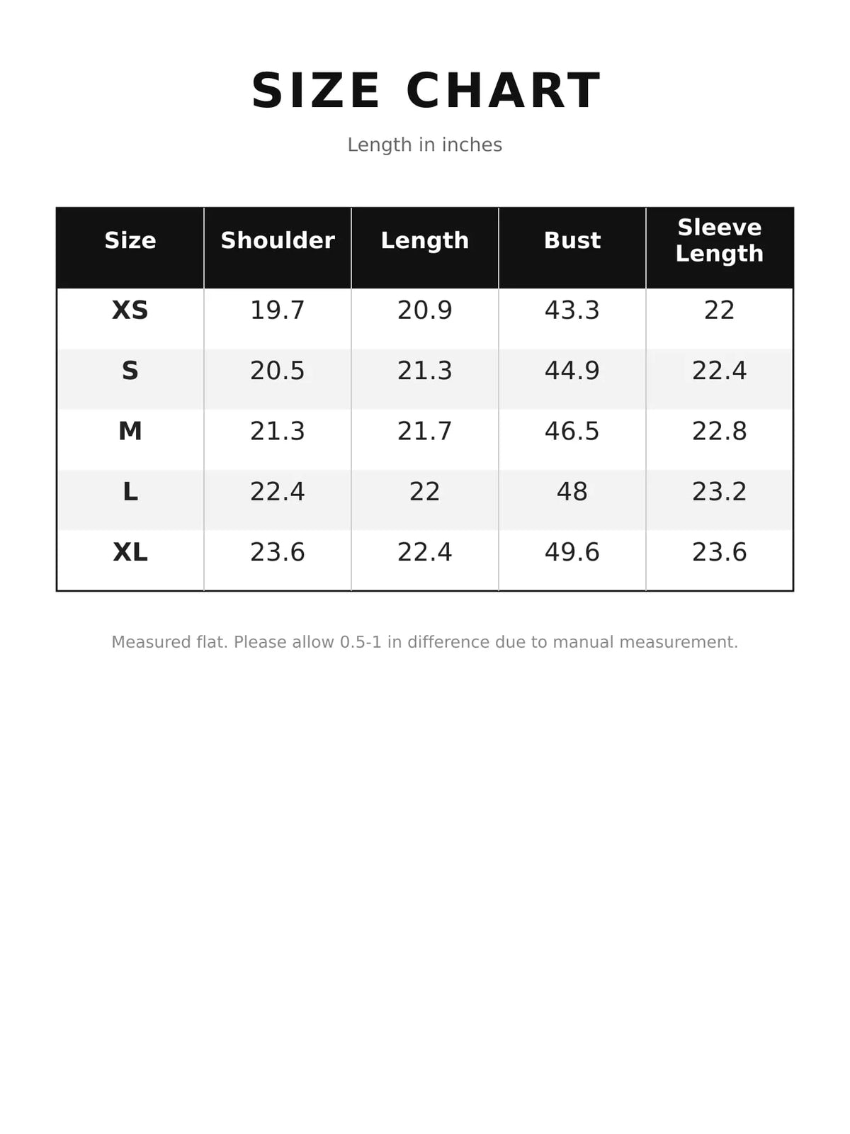 Collared long sleeve jacket, size and measurement chart