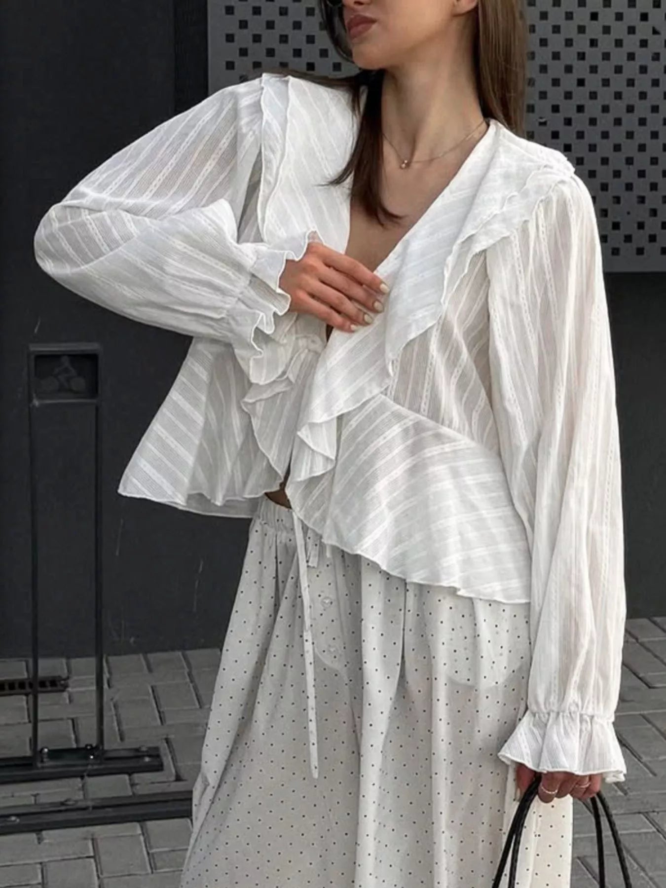 Trendsi Ruffled Striped Flounce Sleeve Blouse -