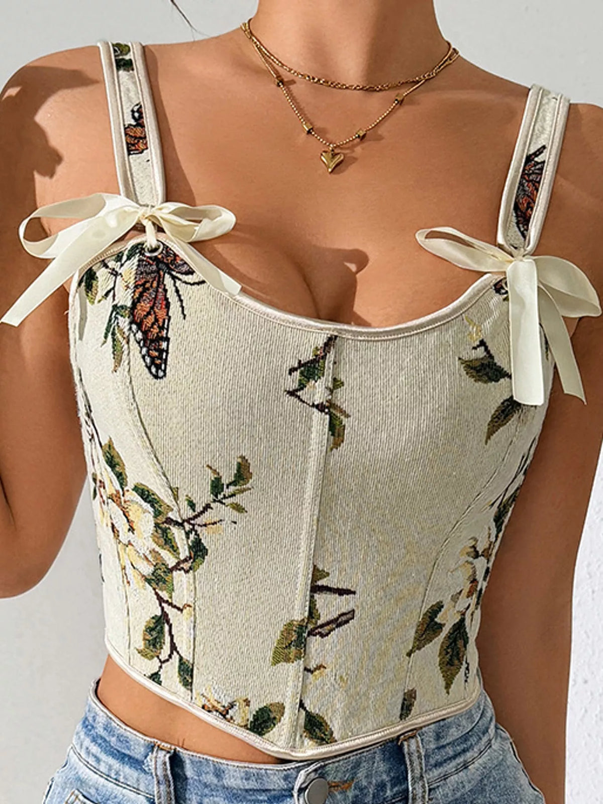 Cream floral lace-up back tank