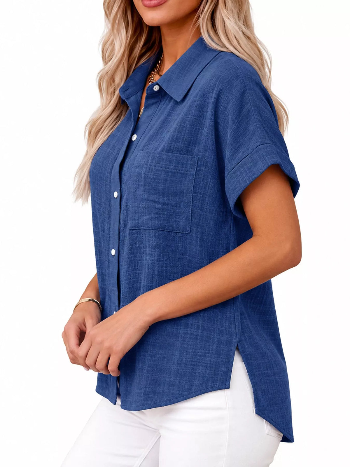 Women's Button Up Short Sleeve Shirt in blue — side view