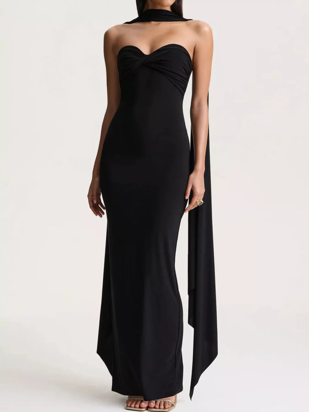 Black strapless ruched bodycon maxi dress with scarf, front view