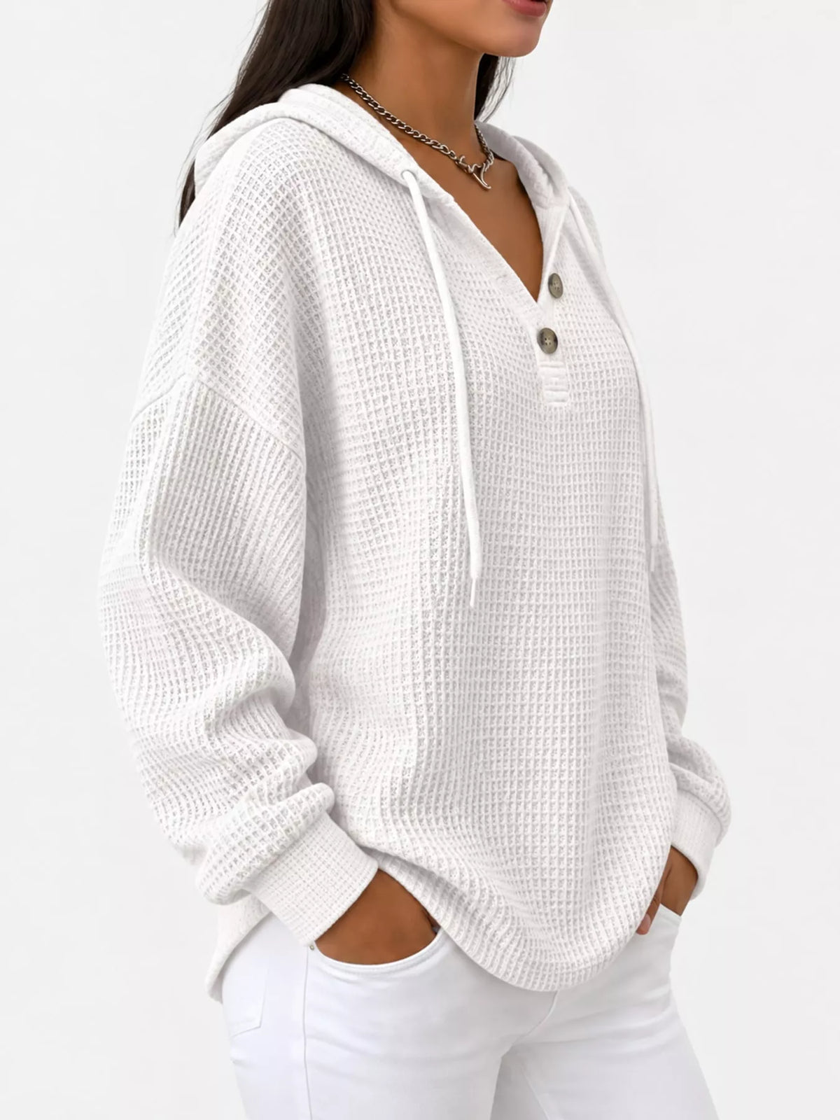 Waffle-knit hoodie, white side