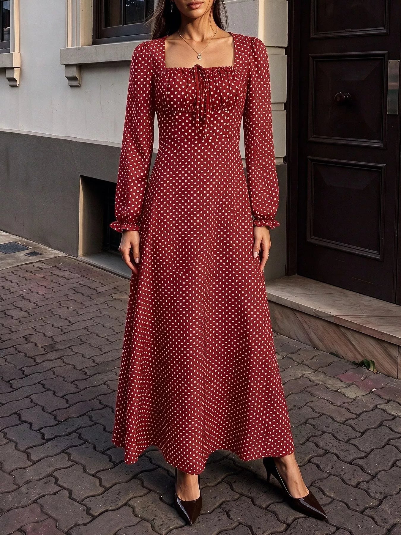 Trendsi Square Neck Polka Dot Long Sleeve Maxi Dress -