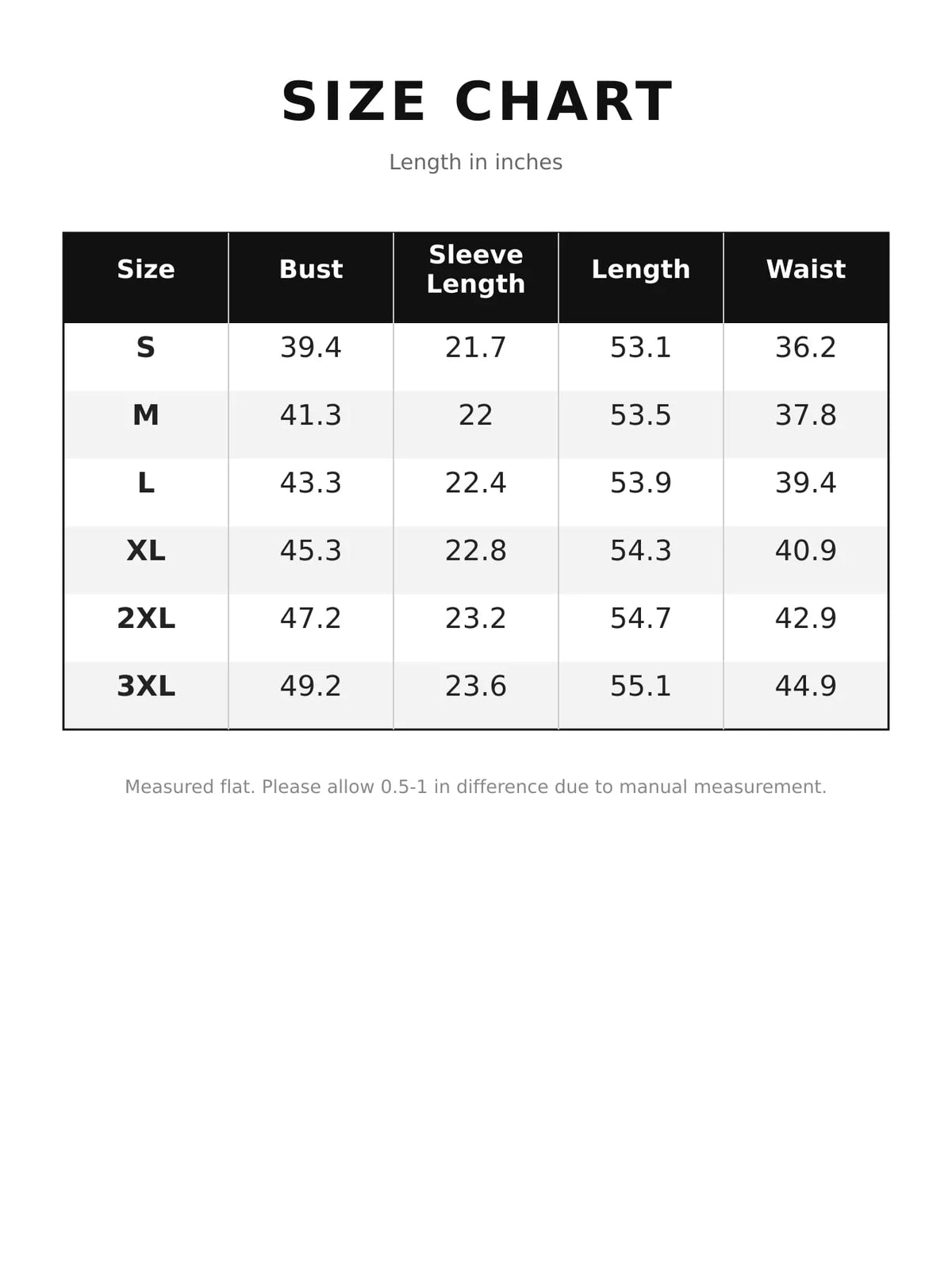 V-neck 3/4 sleeve maxi dress, size and measurement chart