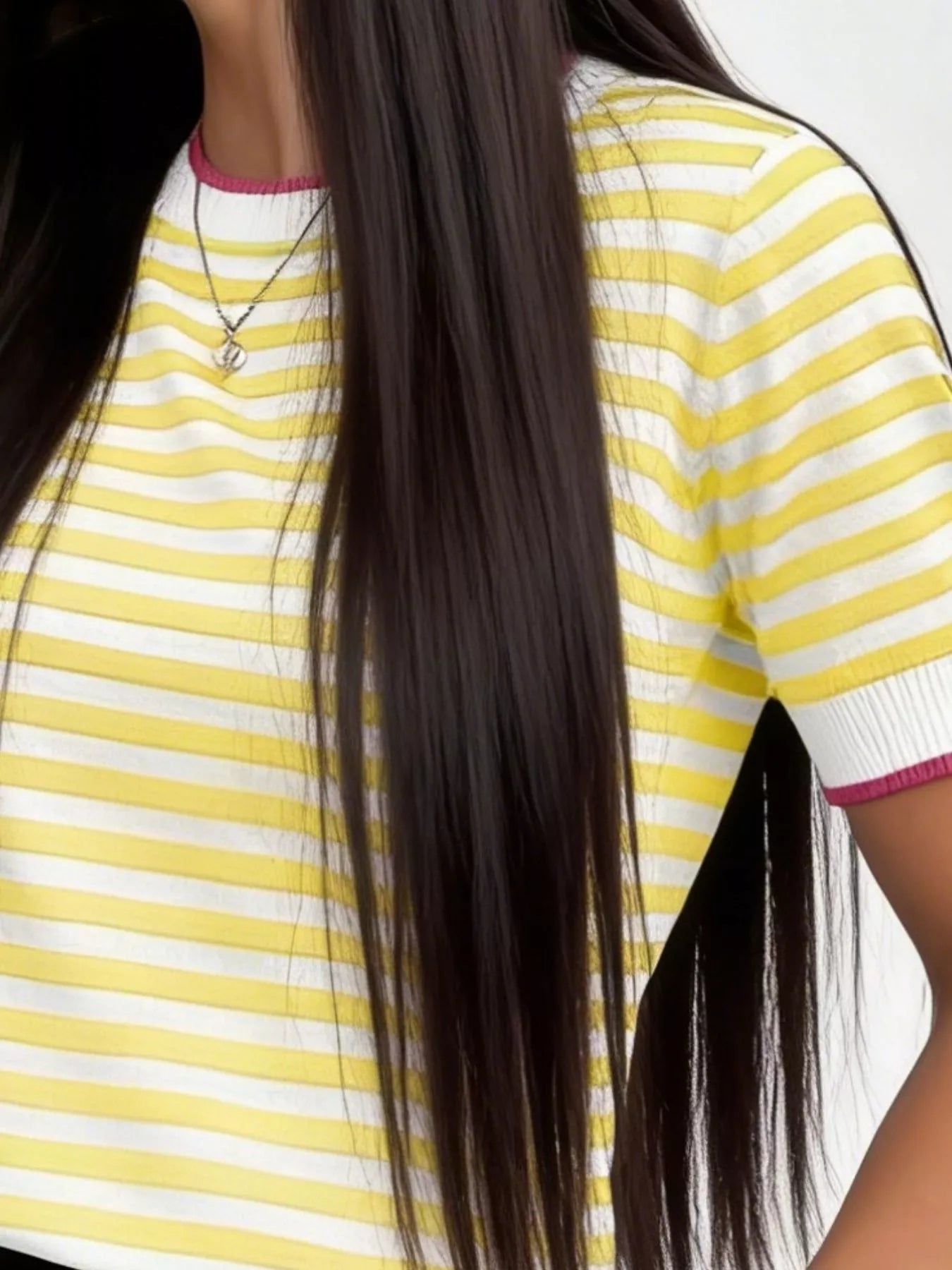 Trendsi Contrast Trim Striped Short Sleeve Knit Top -