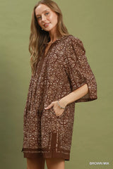 Trendsi Umgee Mix Geometric Print V-Neck Tassel Detail Tunic Dress -