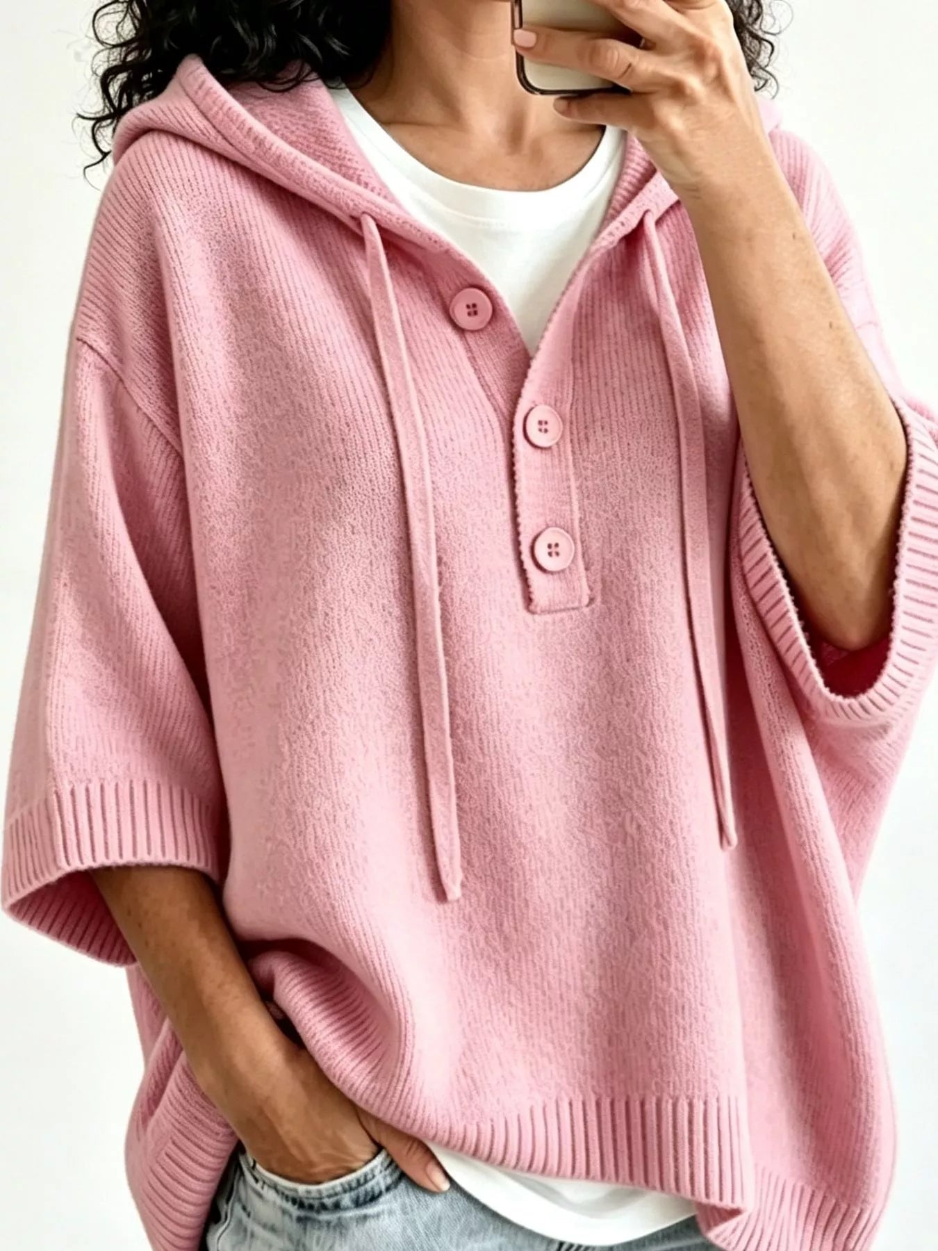 Trendsi Striped Hooded Sweater with Button Detail -