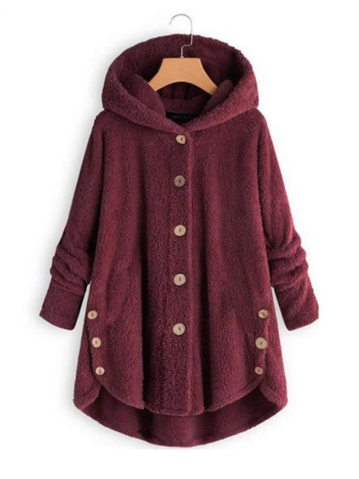 Burgundy fleece button-up hooded jacket with curved high-low hem
