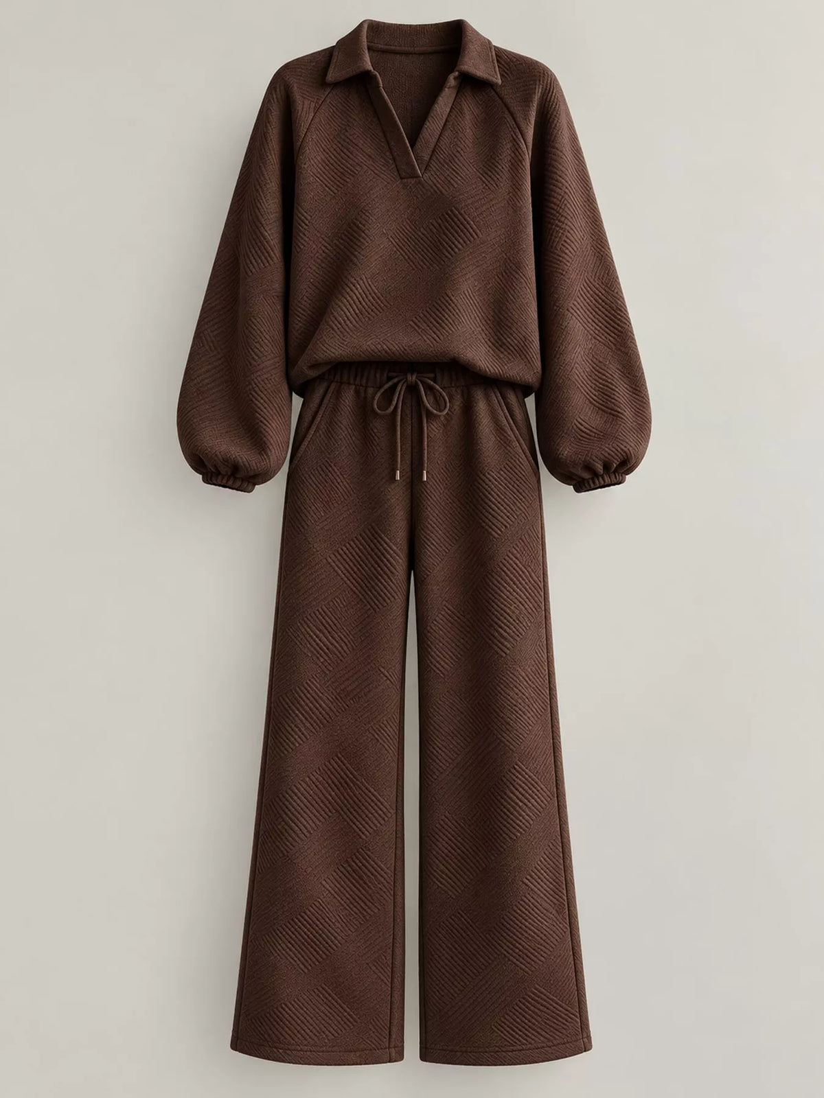 Brown textured polo collar top and wide-leg pants set — front view