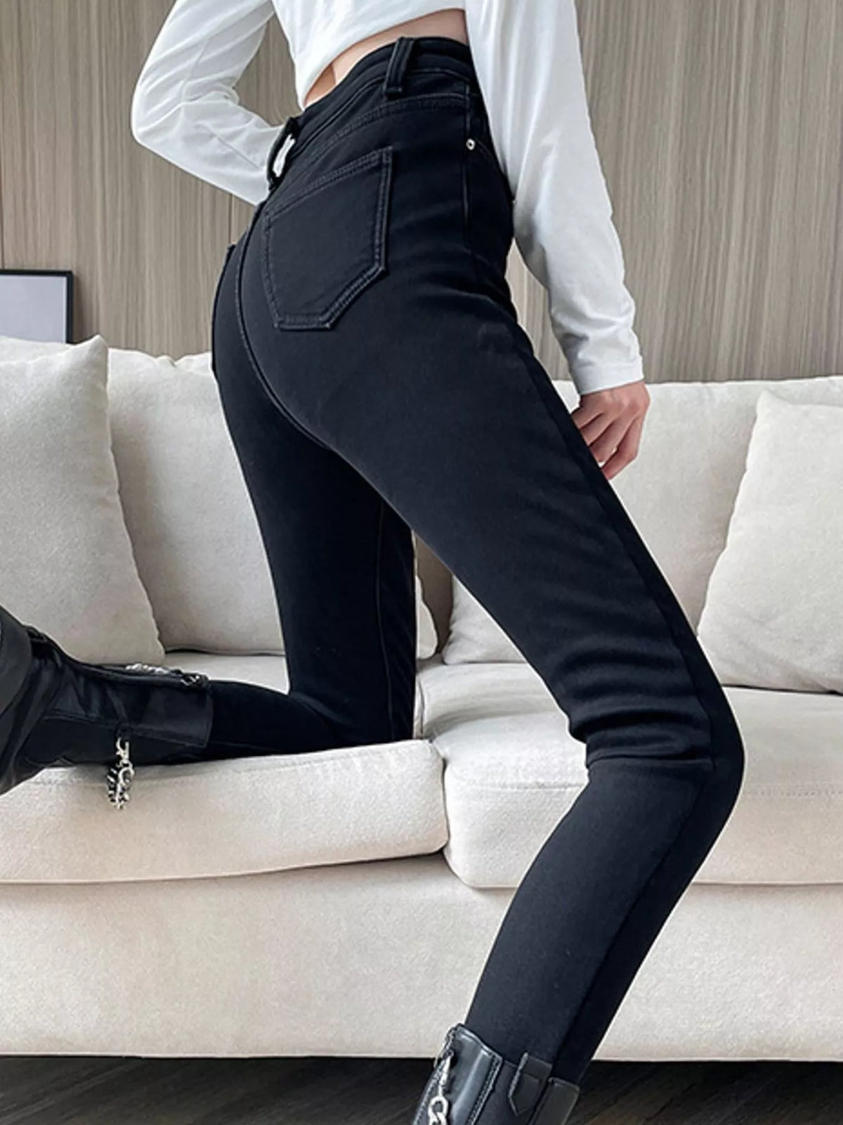 High-Waisted Slim-Fit Stretch Fleece Jeans — side view