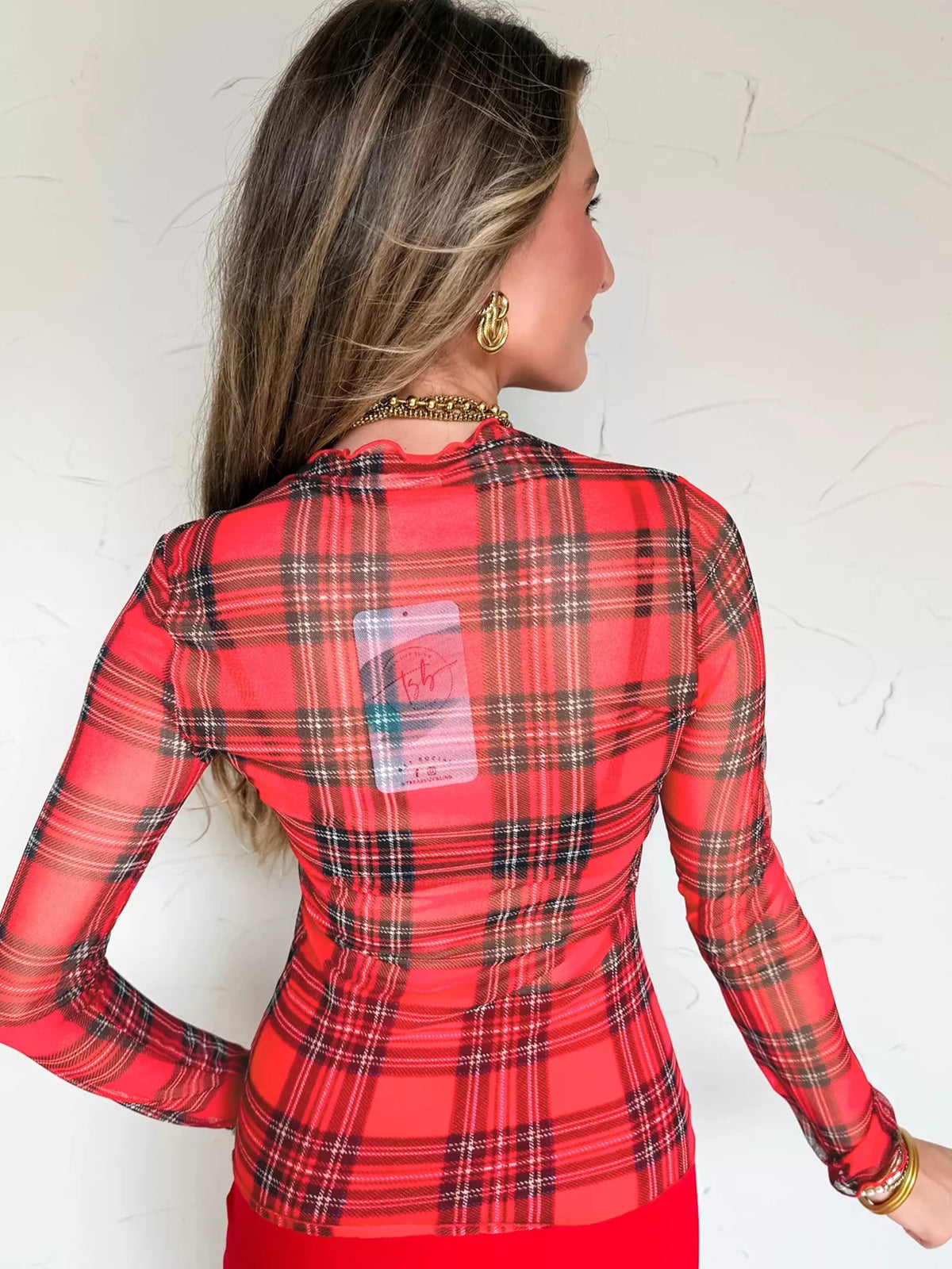 Trendsi Sheer Plaid Mock Neck Long Sleeve Blouse -