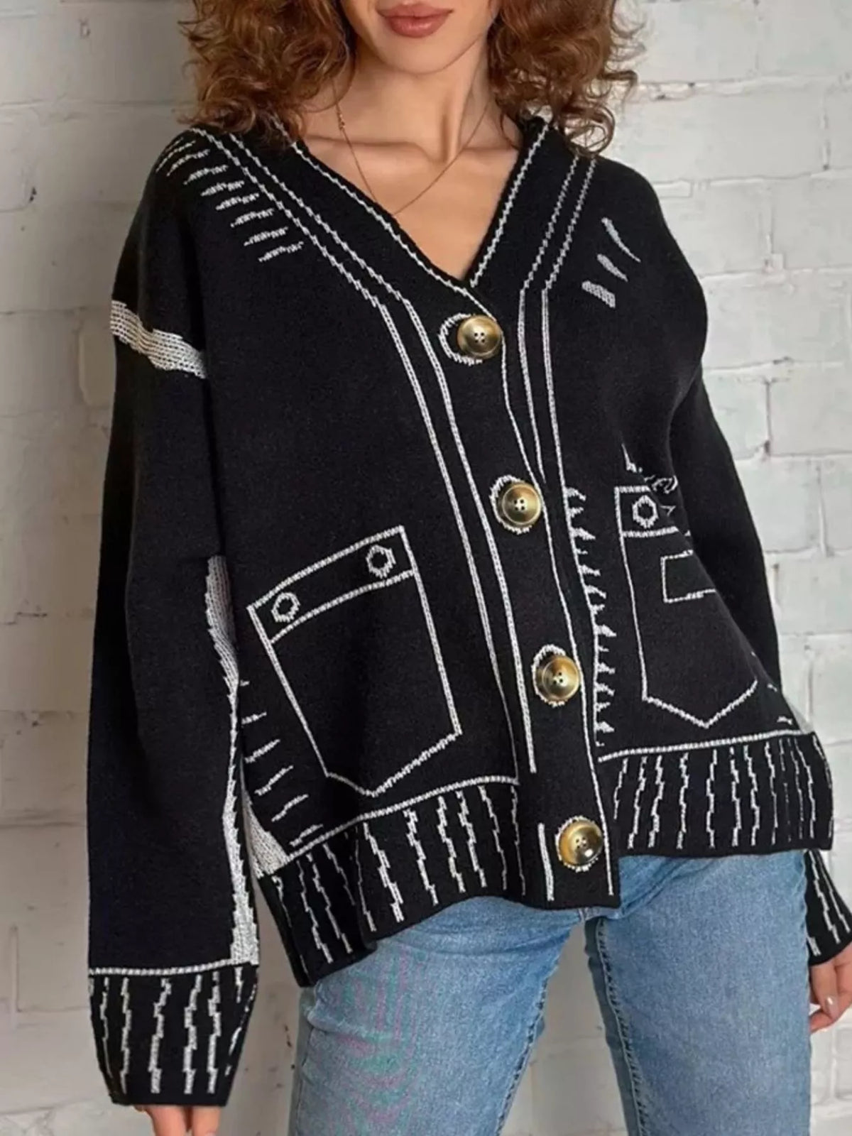 Trendsi Contrast Graphic V-Neck Button-Down Cardigan -
