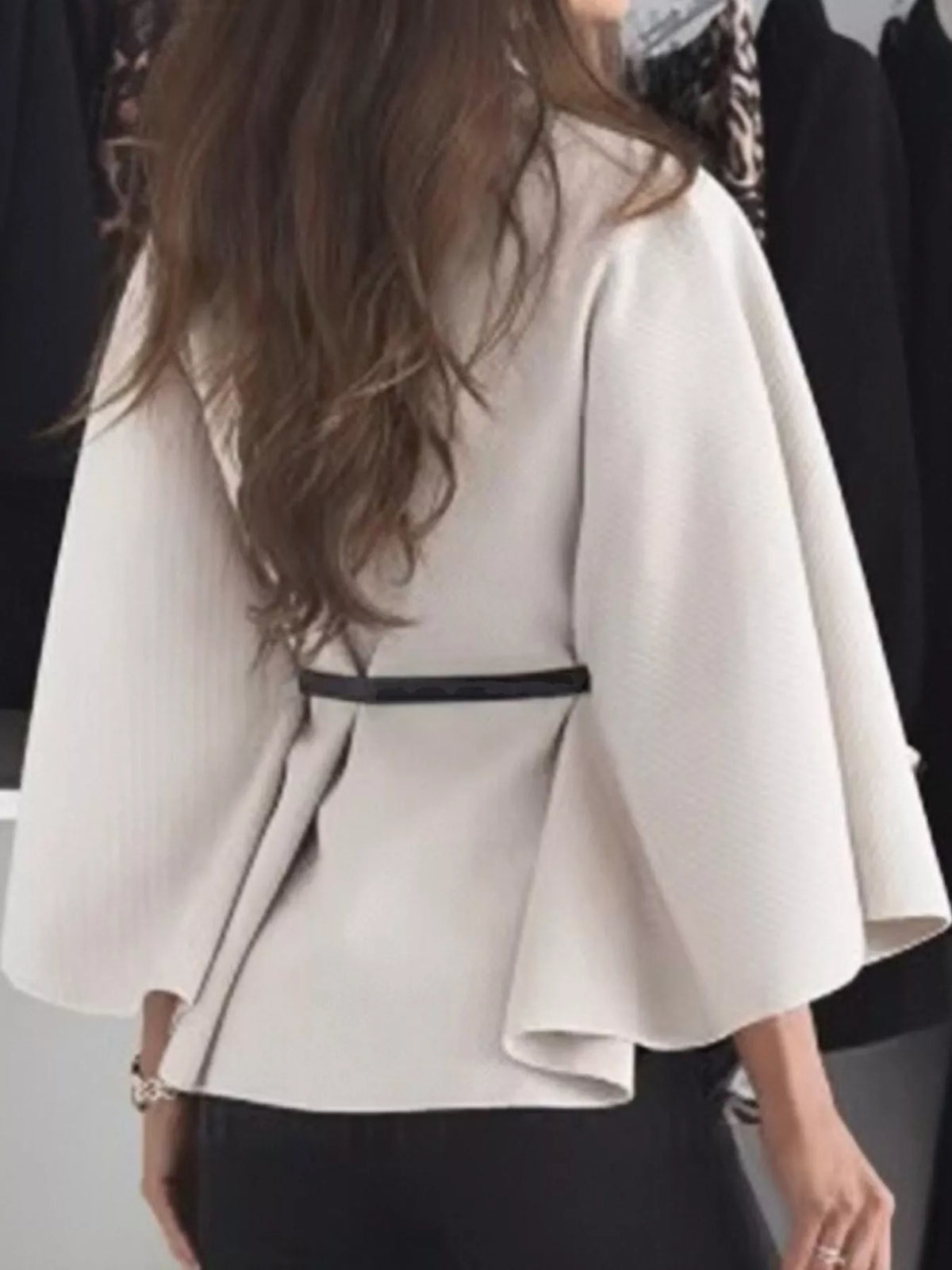Belted Mock Neck Cape in cream, back view