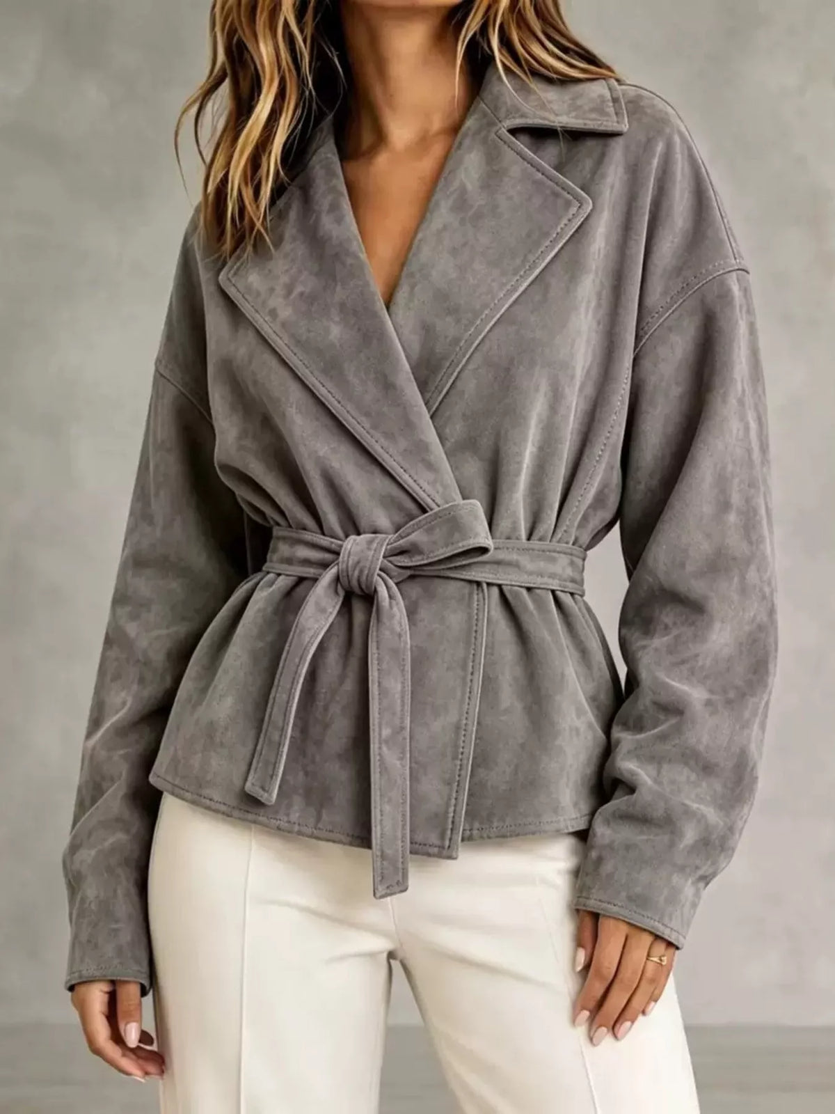 Gray tie-waist lapel collar jacket