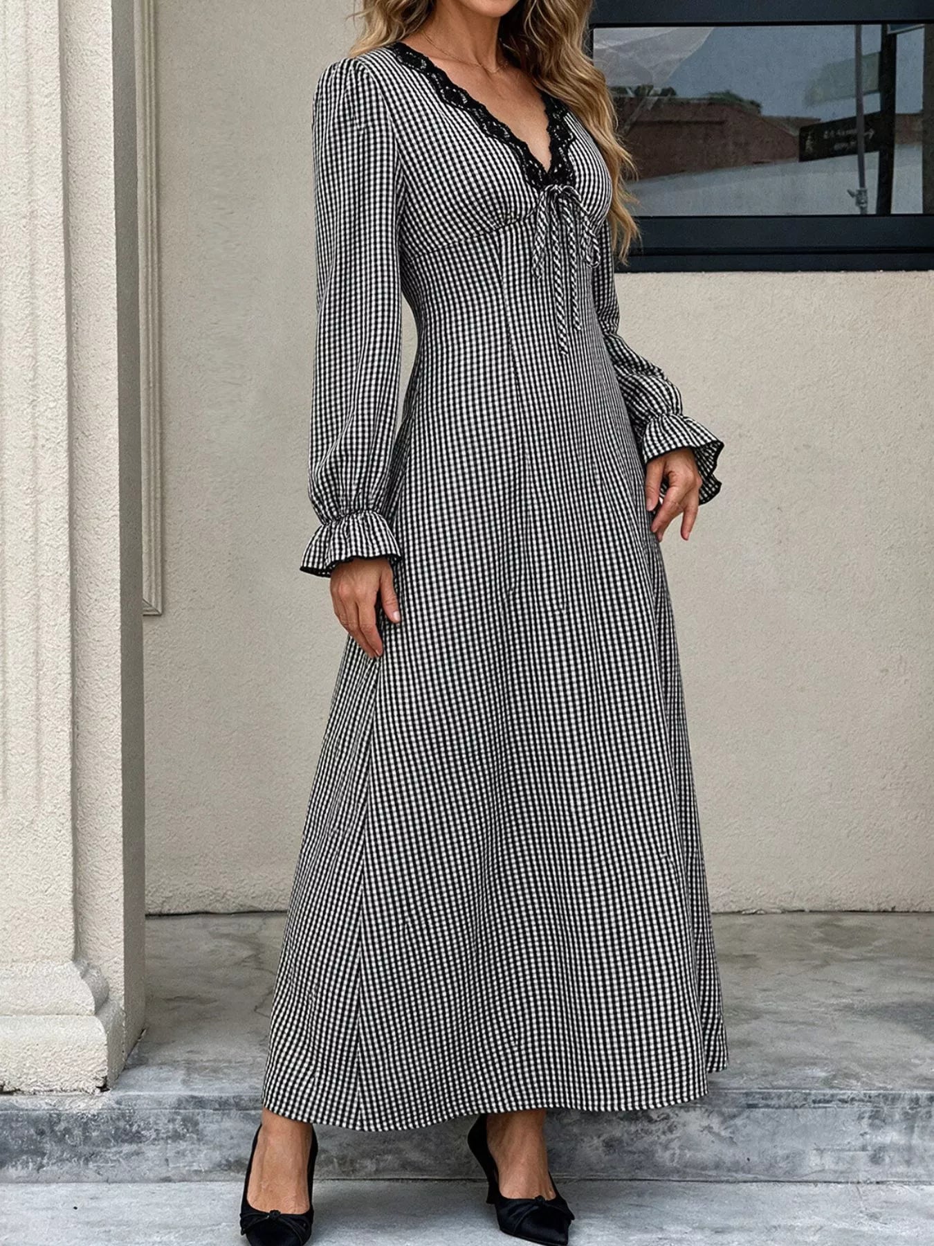 Trendsi Gingham Lace-Trim V-Neck Long Sleeve A-Line Maxi Dress -