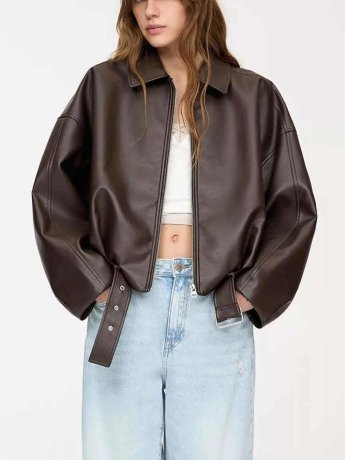 Trendsi Faux Leather Zip Up Jacket -
