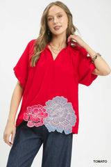 Trendsi Umgee Floral Embroidered Hem Blouse -