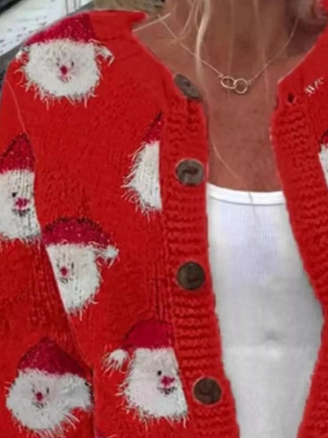 Christmas pattern button-down cardigan in red, Santa motif and buttons detail