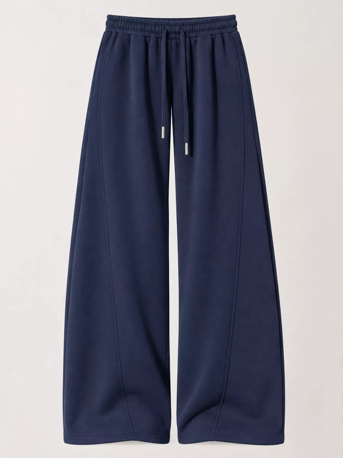 Navy wide leg drawstring sweatpants, front view