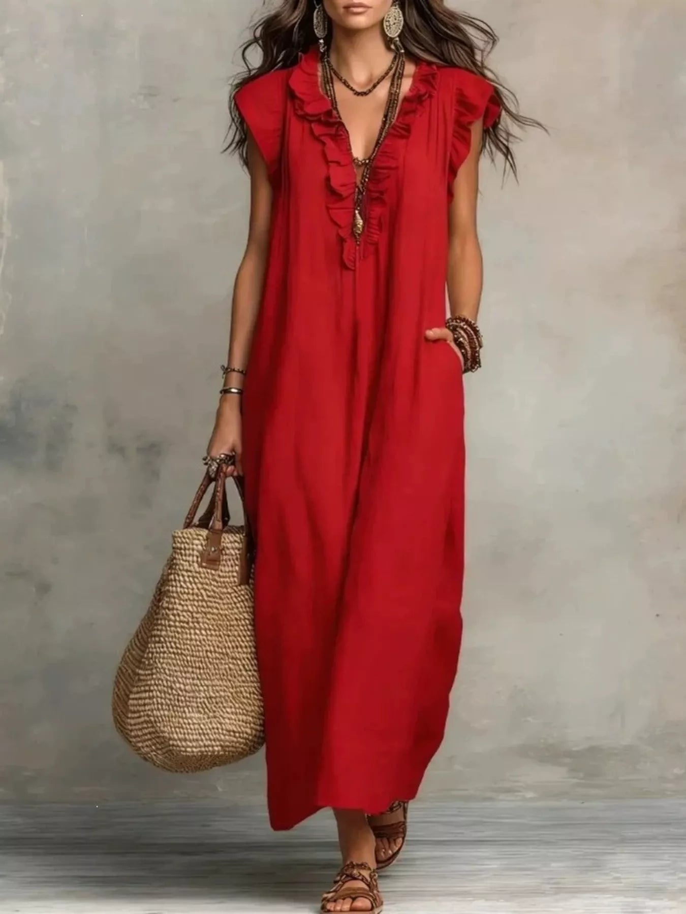 Trendsi Full Size Ruffled V-Neck Cap Sleeve Maxi Dress Plus Size -