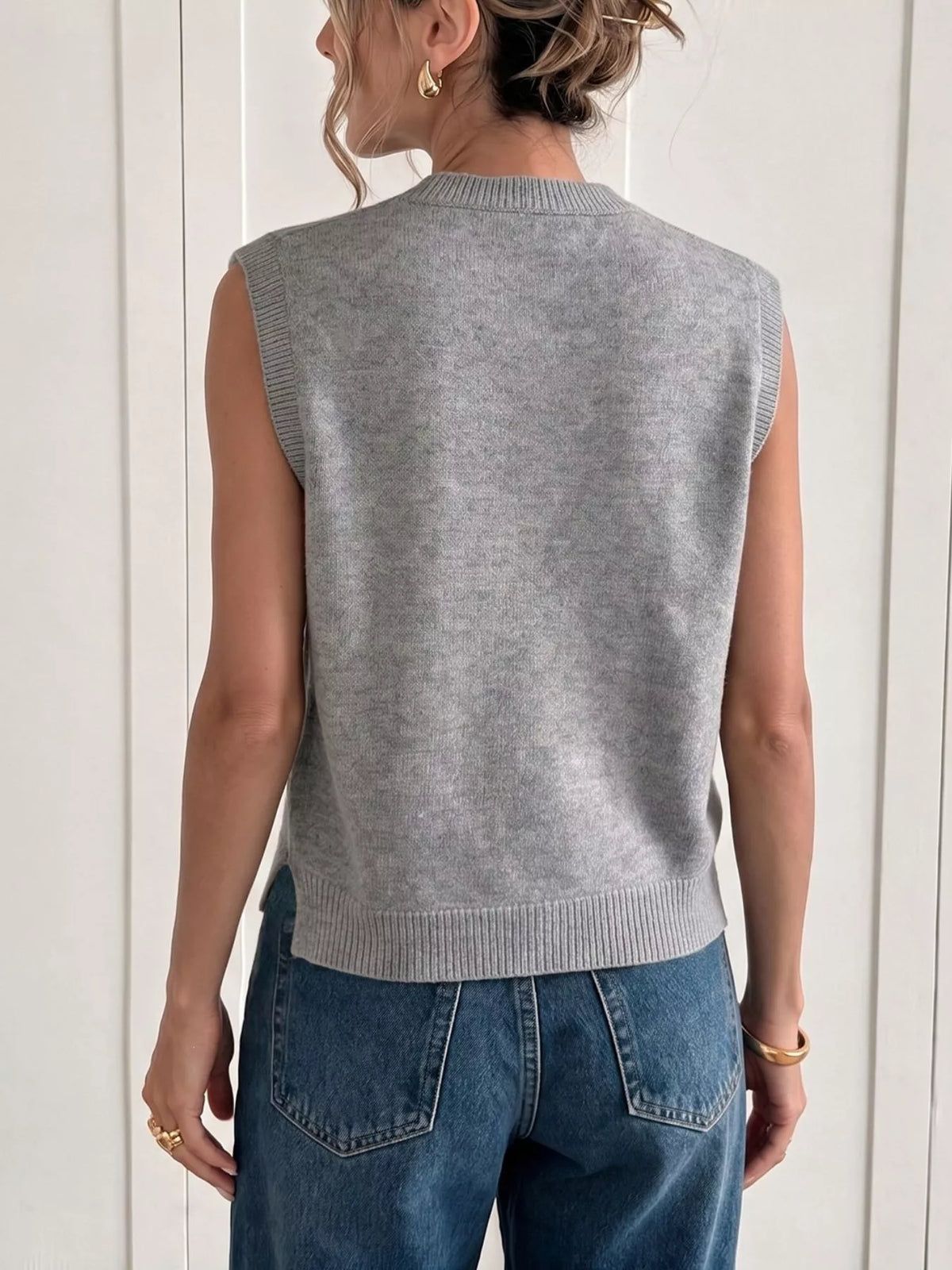 Gray bow-detail knit sweater vest, back view
