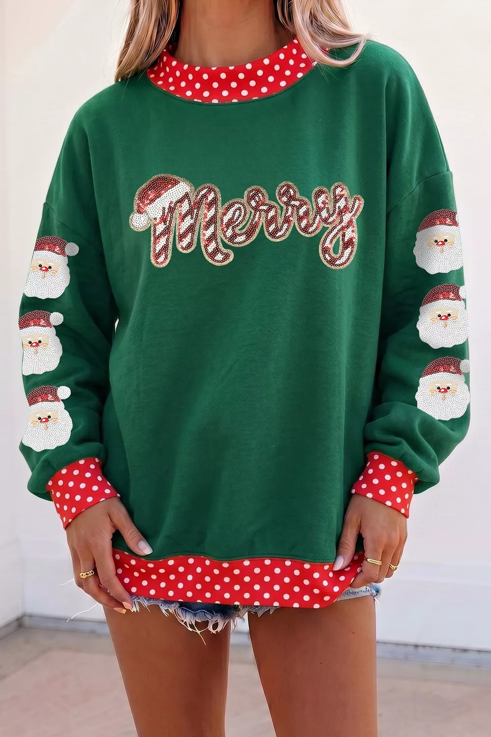 Santa Merry Sequin Mock Neck Sweatshirt — front view