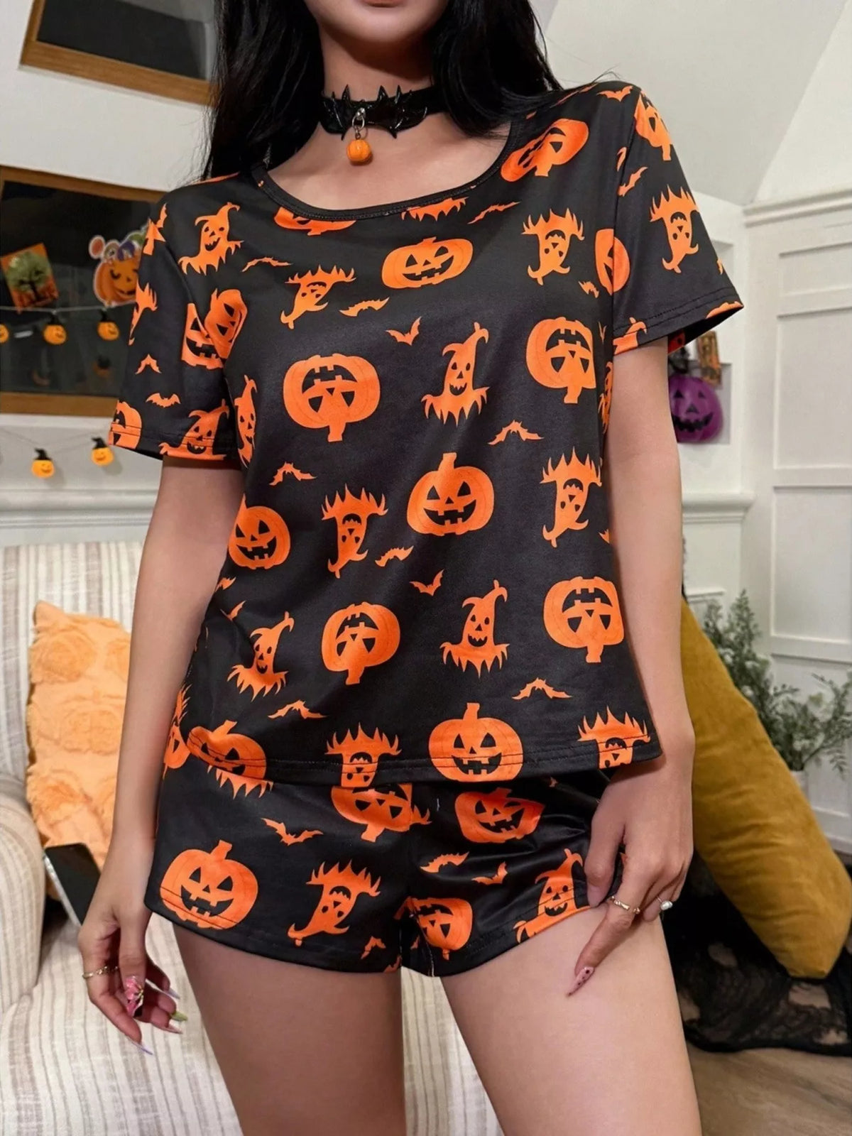 Black Halloween Print Short Sleeve Top and Shorts Lounge Set front view