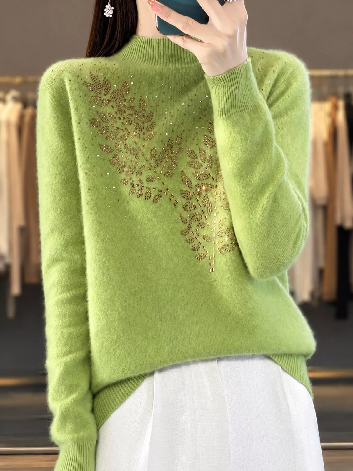 Rhinestone Leaf Mock Neck Sweater — front view