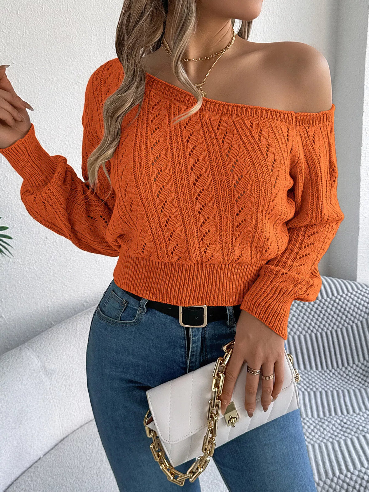 Orange openwork one shoulder sweater