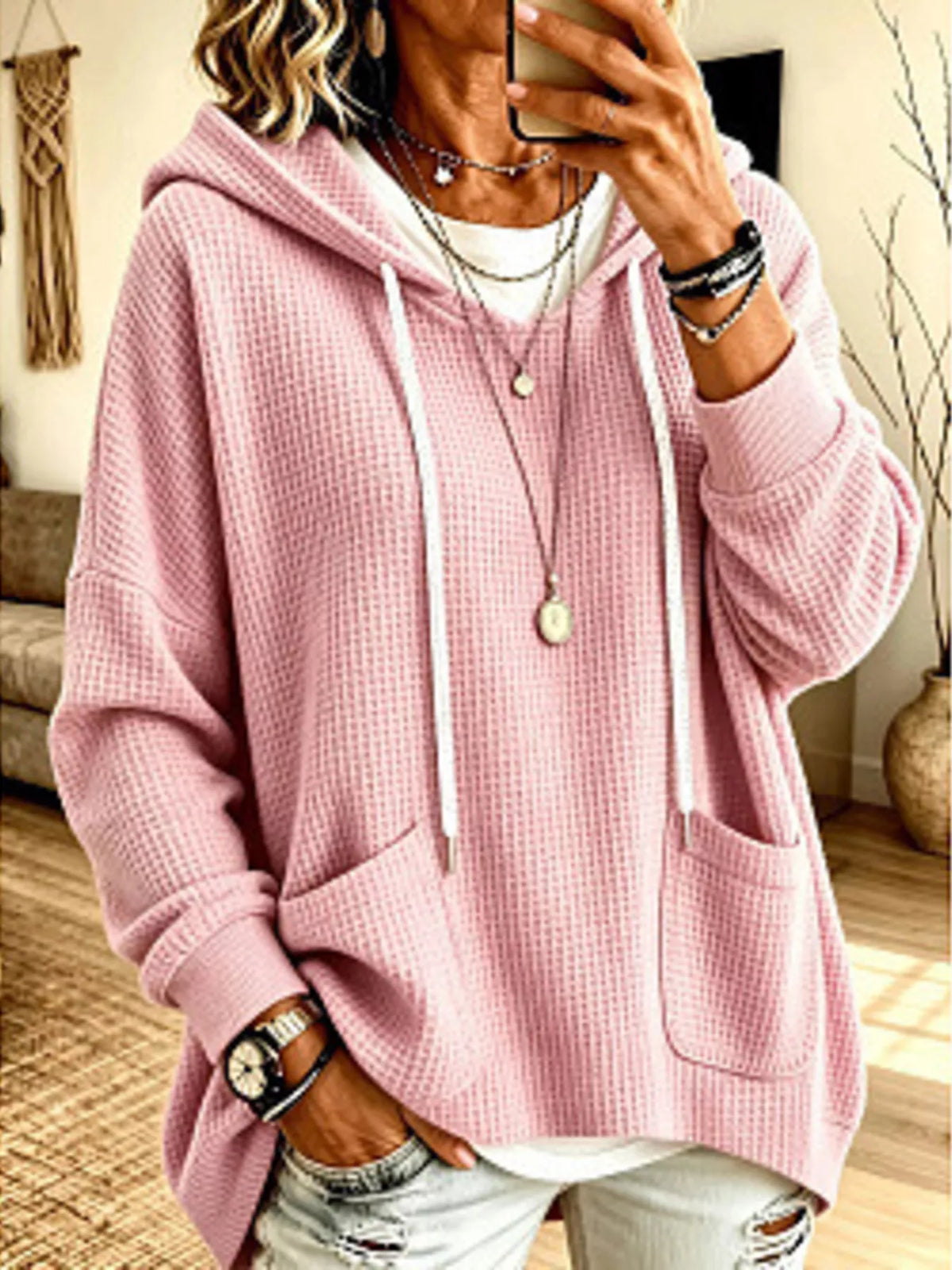 Women's Waffle Knit Drawstring Long Sleeve Hoodie in Dusty Pink, front view