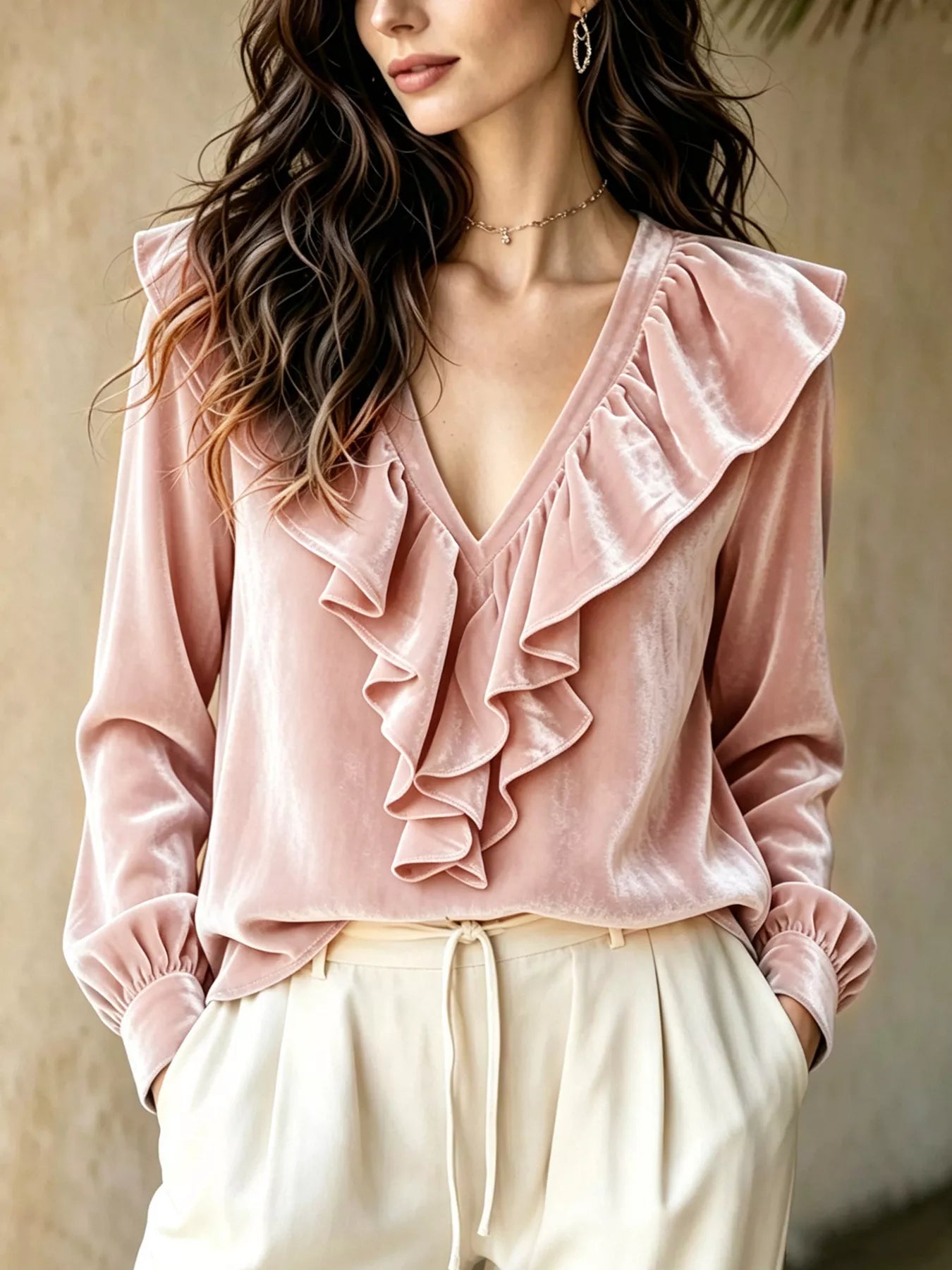 Trendsi Ruffled V-Neck Long Sleeve Blouse -