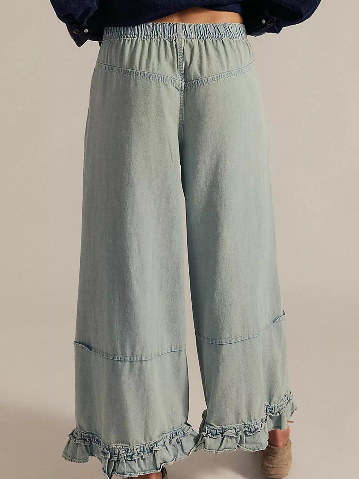 Light blue wide-leg ruffle-hem jeans, back view