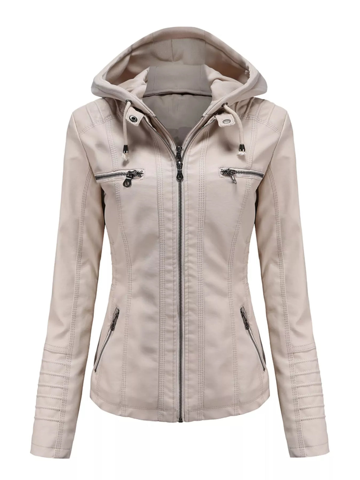Hooded faux-leather jacket, light taupe flat front