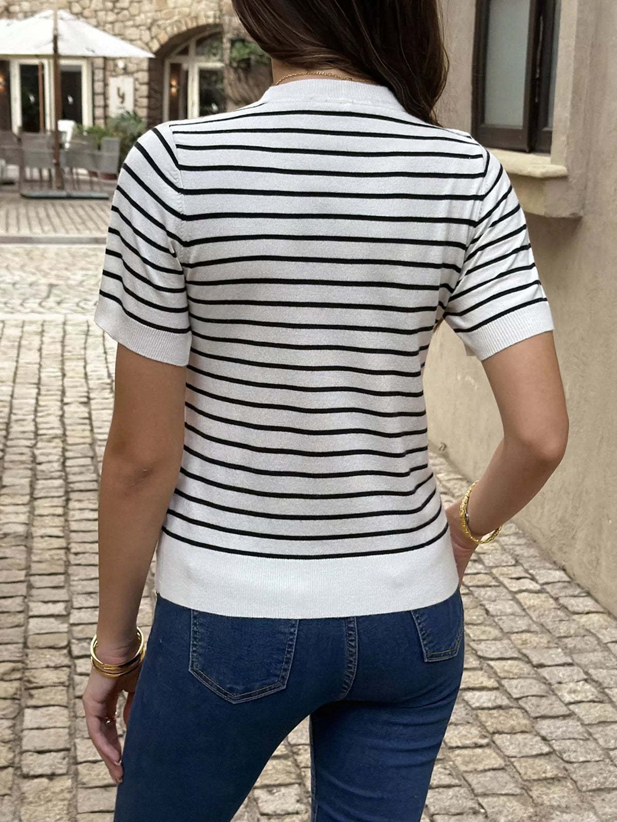 Striped short-sleeve knit top