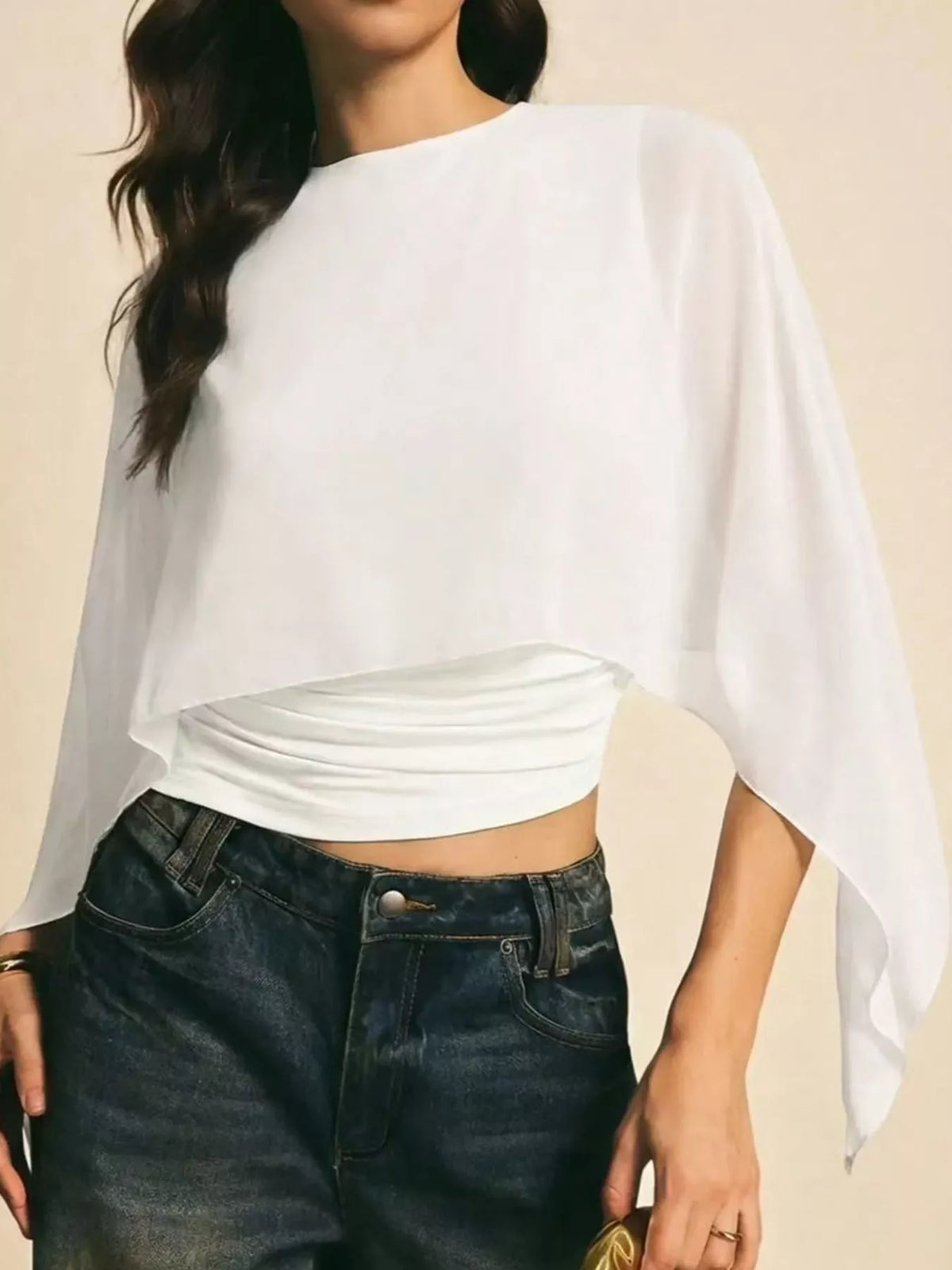 White cape sleeve round neck blouse