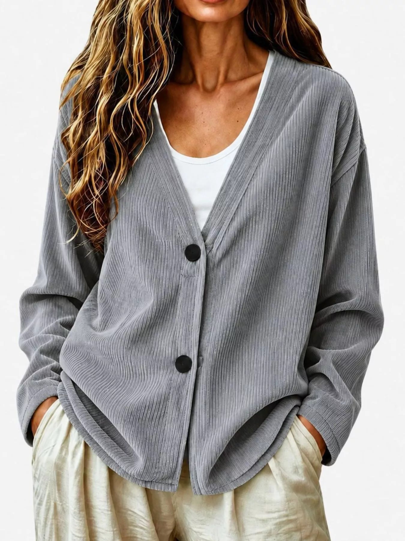 Trendsi Casual Corduroy Button-Up Cardigan -