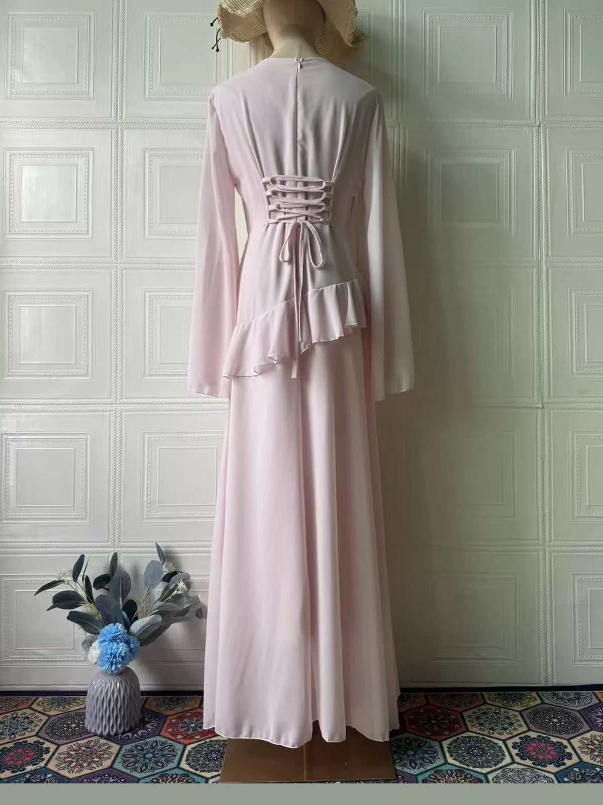 Pink ruffled flare sleeve maxi dress, back view