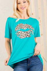 Trendsi Women’s Leopard Lip Print T Shirt Round Neck Short Sleeve Spandex Plus Size - Shirts
