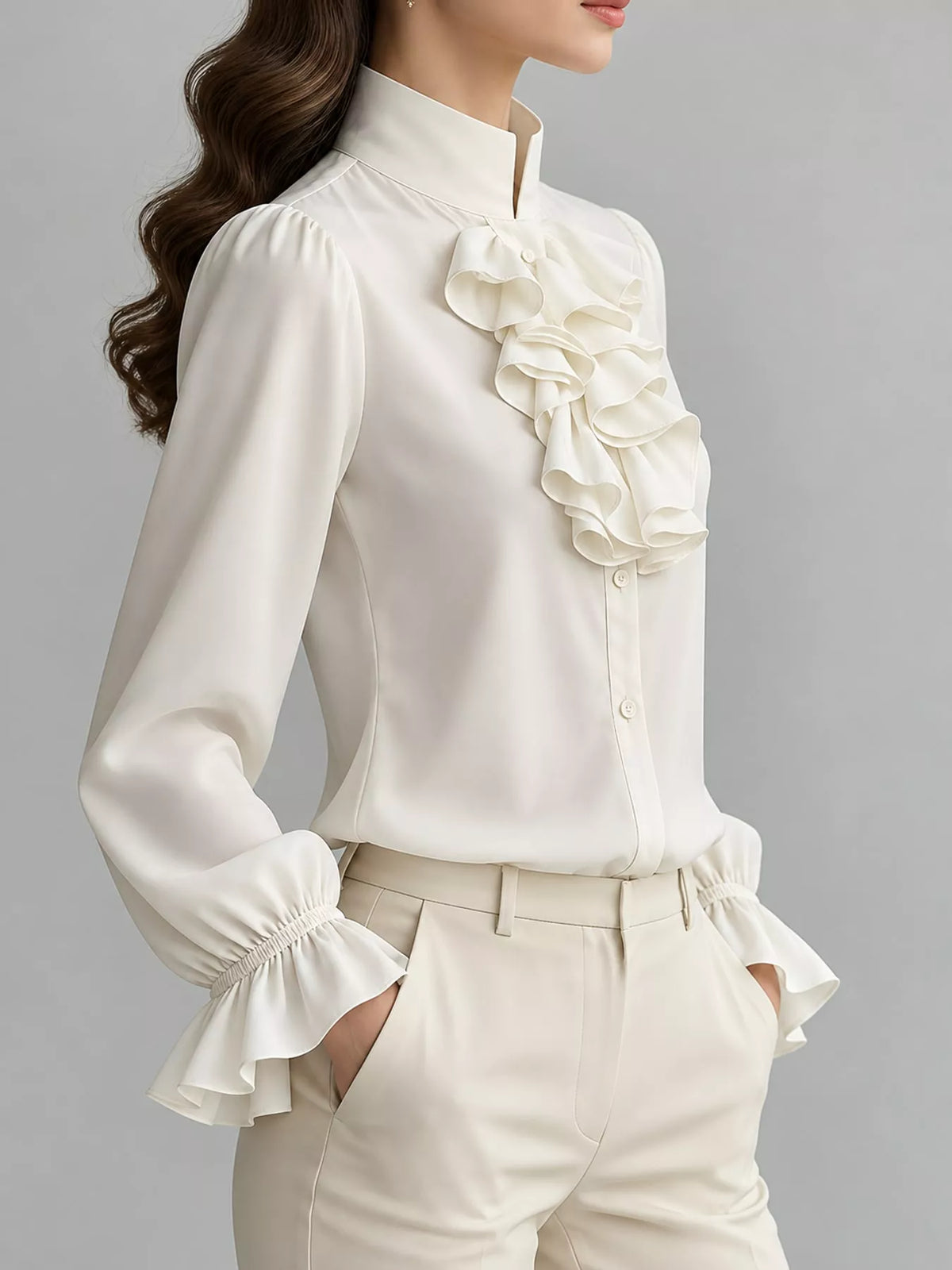 Ruffled Stand-Collar Blouse with Long Lantern Sleeves, side view
