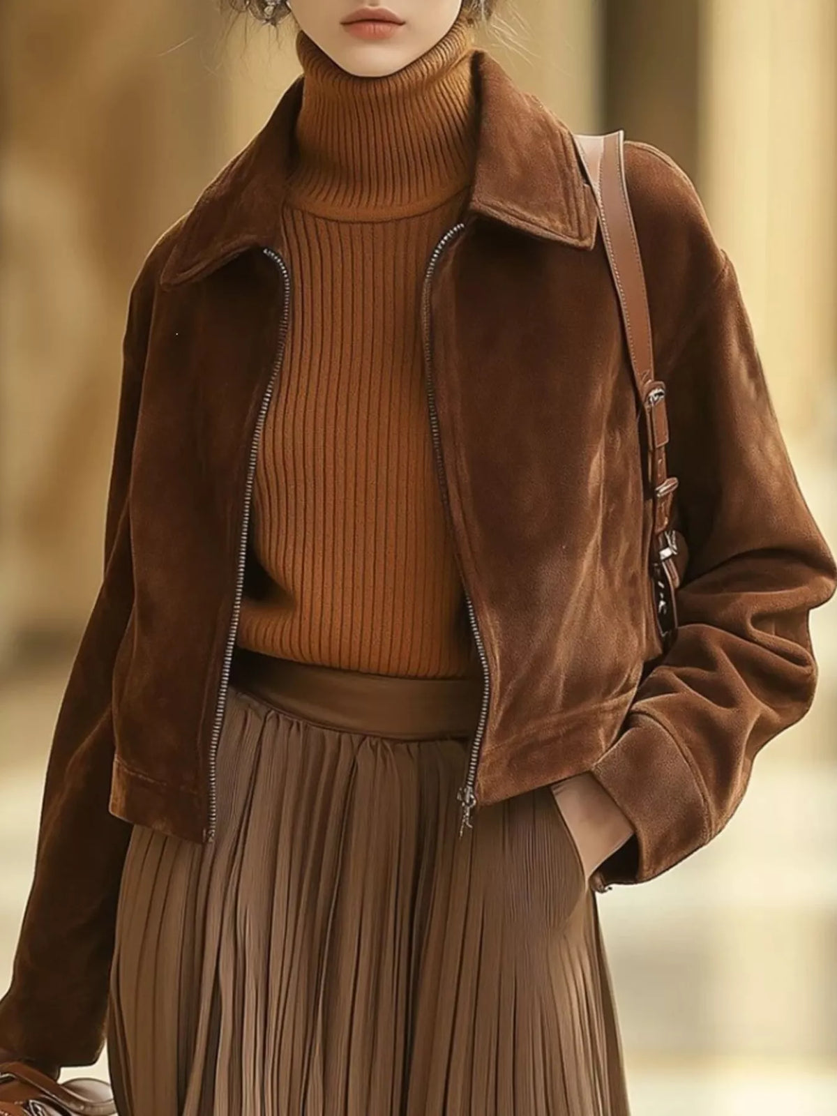 Trendsi Vintage Suede Zip-Up Cropped Jacket -