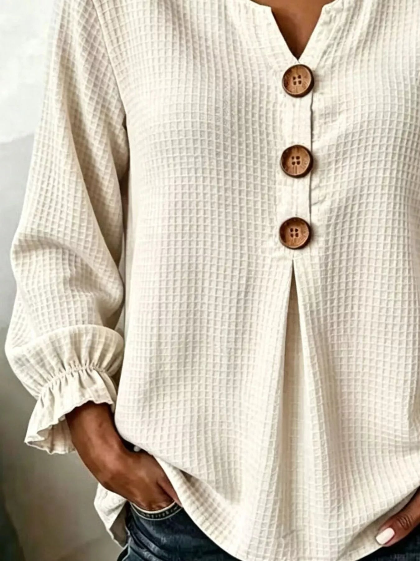 Waffle-knit long sleeve top