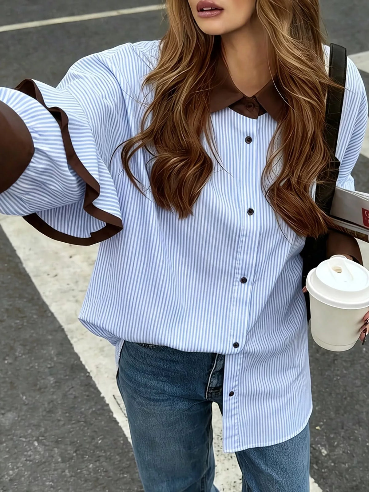 Contrast Collar and Cuff Striped Shirt — front view