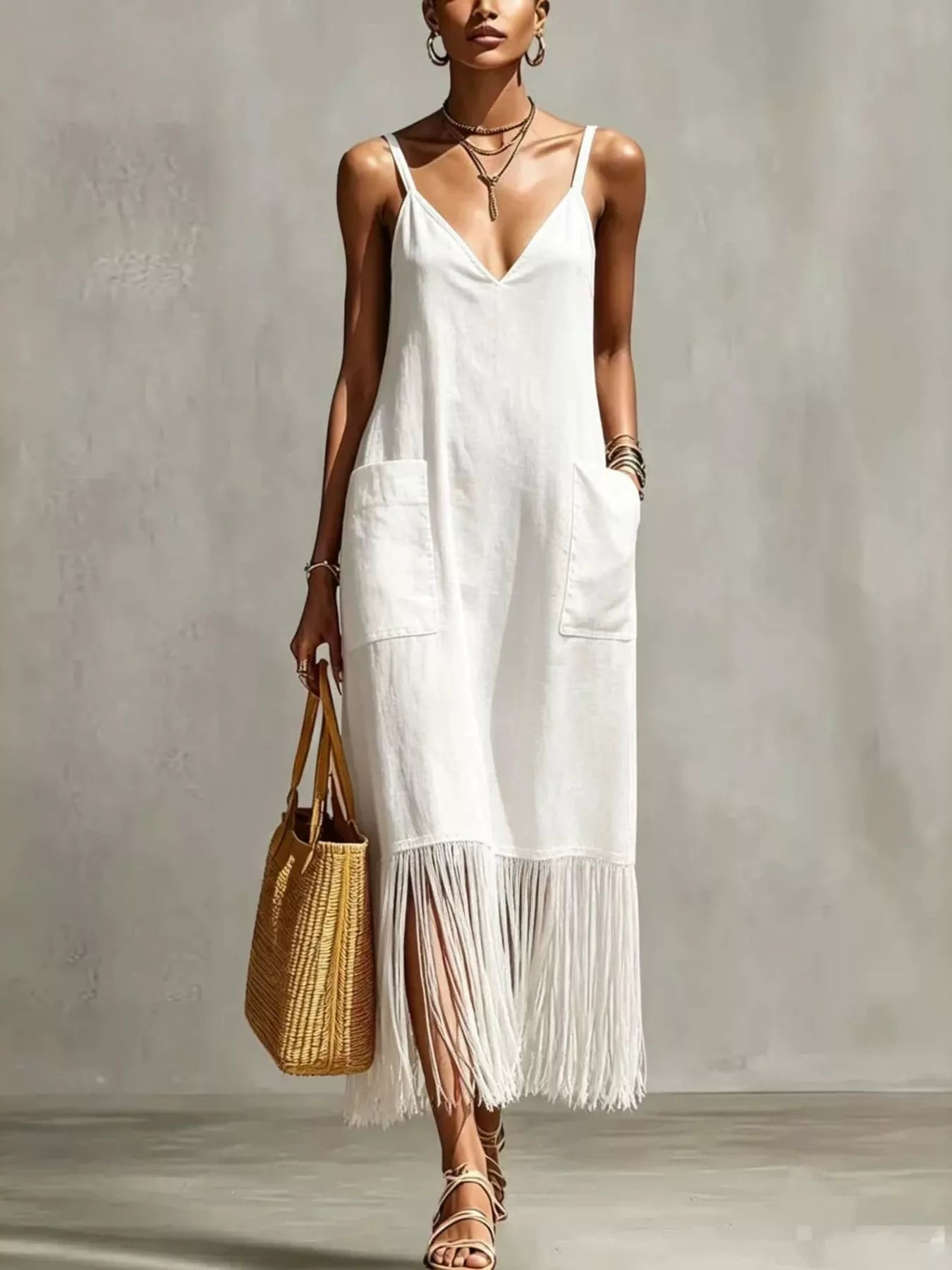 Trendsi Full Size Fringe Spaghetti Strap V-Neck Dress Plus Size -