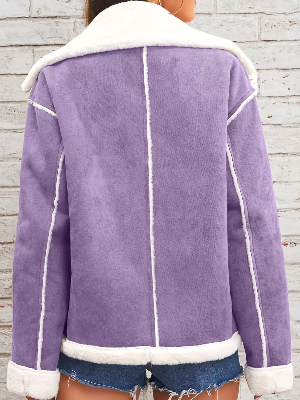 Purple plush-lined button-front jacket — back view