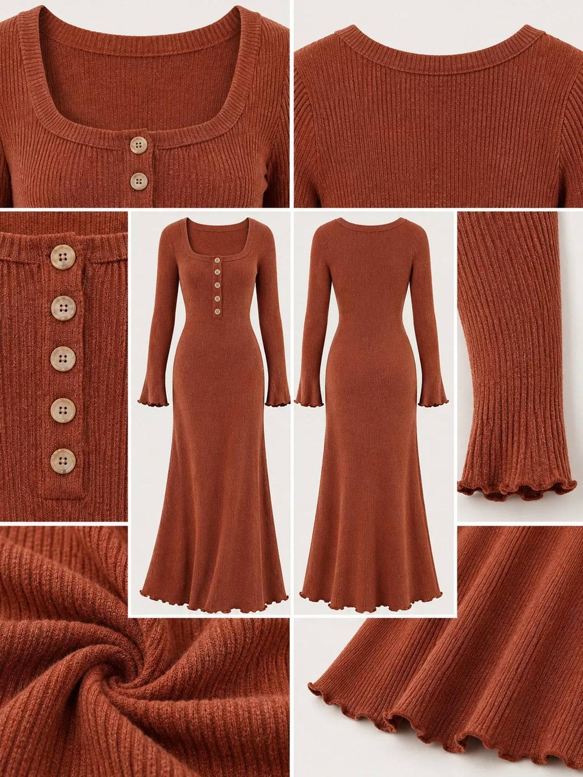 Ribbed maxi dress, rust detail collage