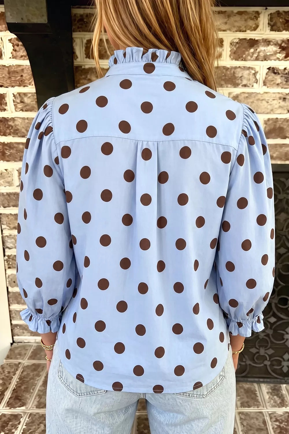 Trendsi Polka Dot Ruffled Stand-Collar Shirt -