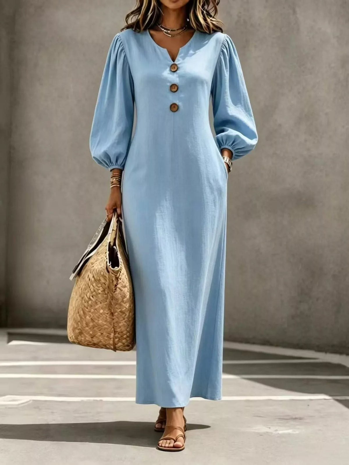 Light blue balloon-sleeve maxi dress, full front view